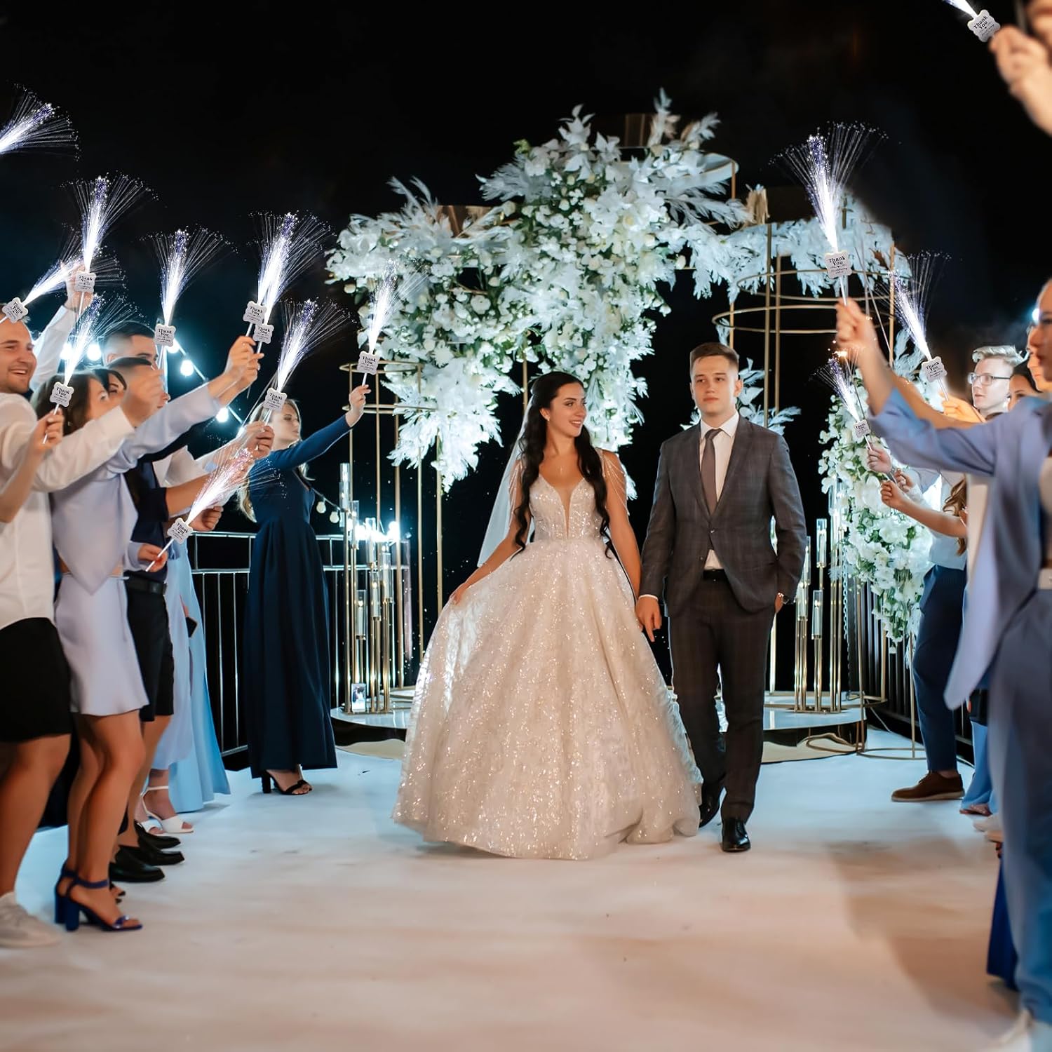 100 Pcs White Wedding Light up Sticks LED Sparklers Thank You Fiber Optic Glow Wands with 3 Mode for Send off