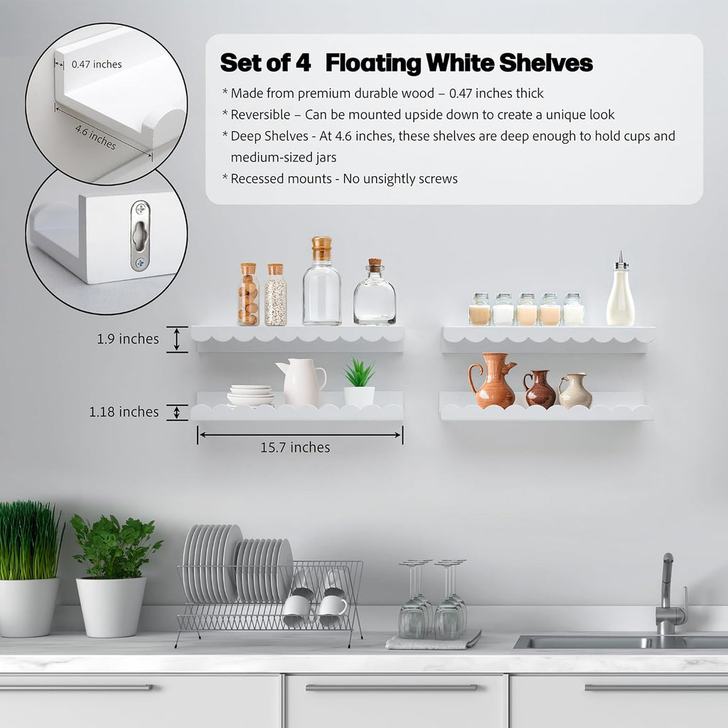 Scalloped Shelves - Set of 4 Pre-Assembled 15.6inch White Floating Nursery Book Shelves, Scalloped Book Shelf for