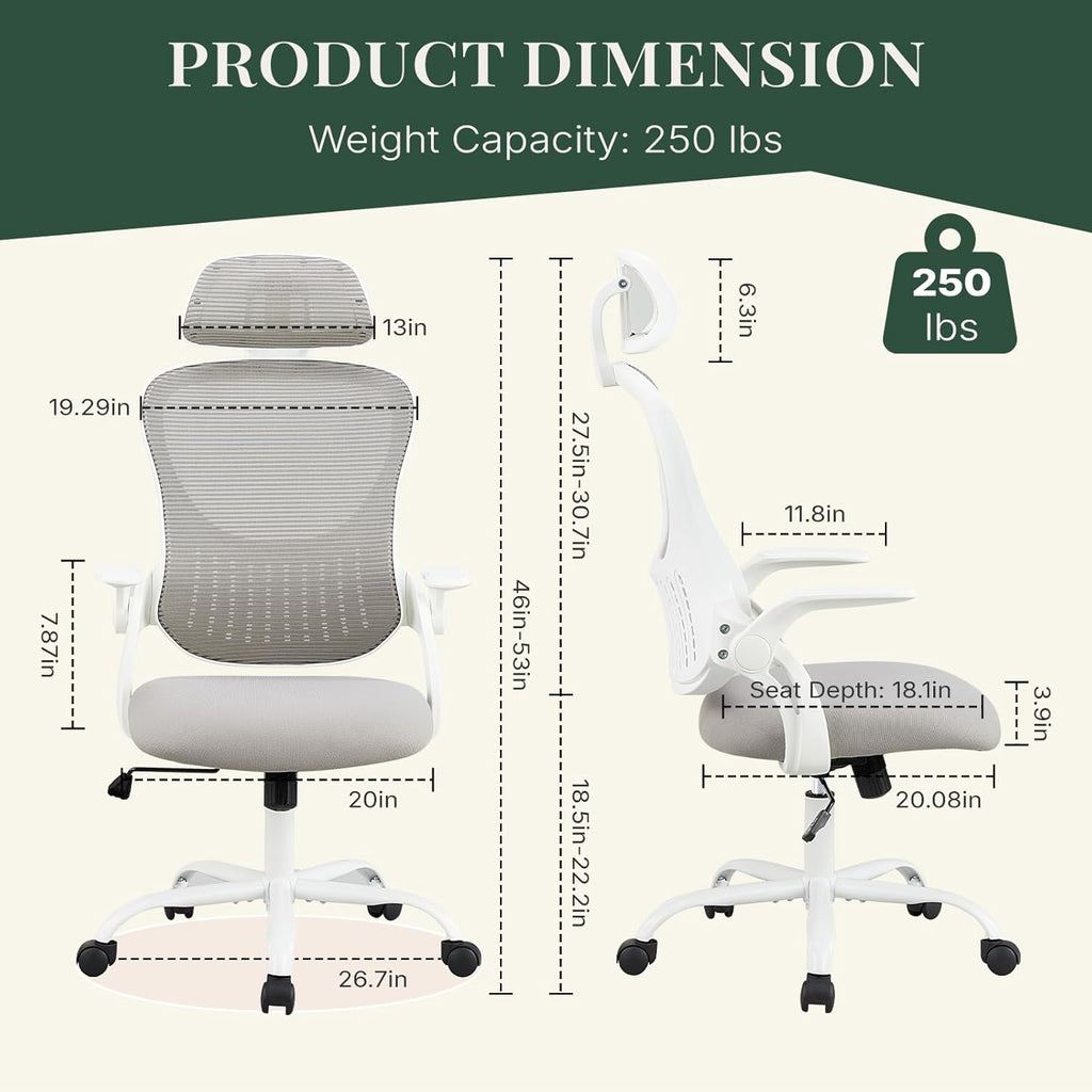 Ergonomic Office Chair, Comfy Desk Chair with Wheels, Adjustable Headrests, Flip-Up Armrests, Breathable Mesh