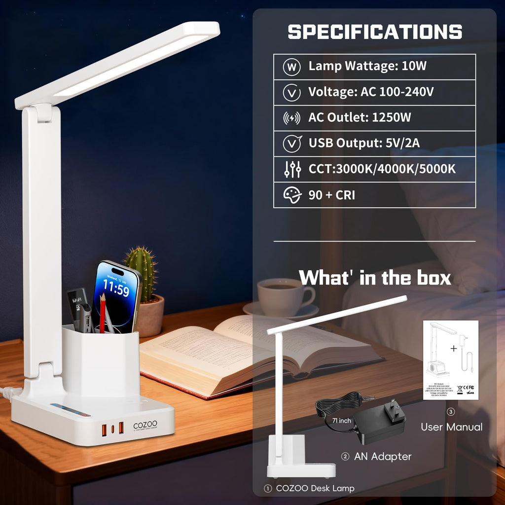 LED Desk Lamp for Dorm Office, USB C, AC Outlet Charging Port, White | Dorm Room Essentials for Guys, Eye-Caring