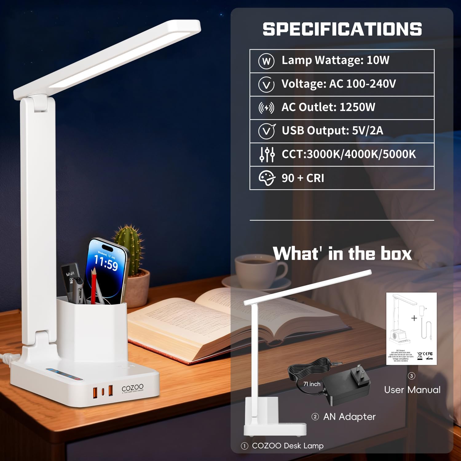 LED Desk Lamp for Dorm Office, USB C, AC Outlet Charging Port, White | Dorm Room Essentials for Guys, Eye-Caring