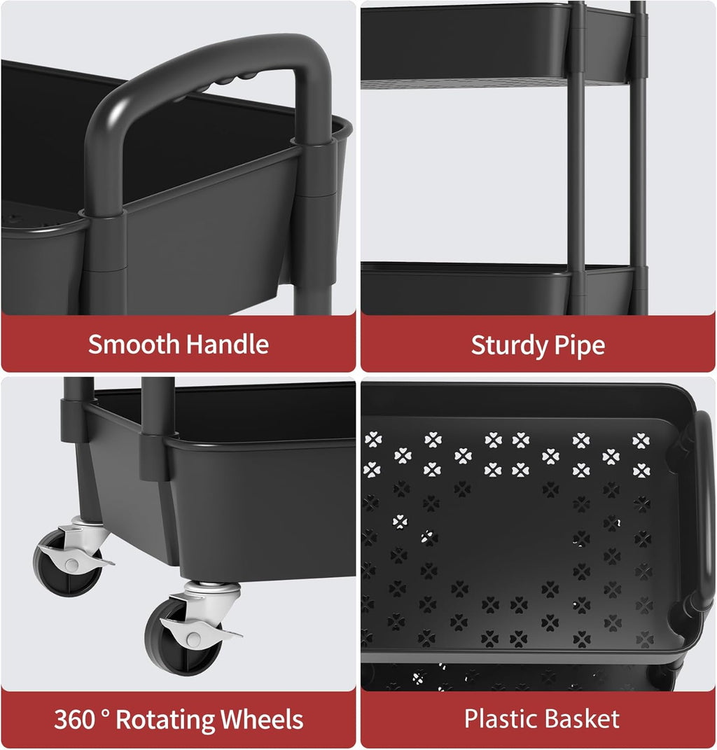 4-Tier Plastic Rolling Utility Cart with Wheels for Storage, Black