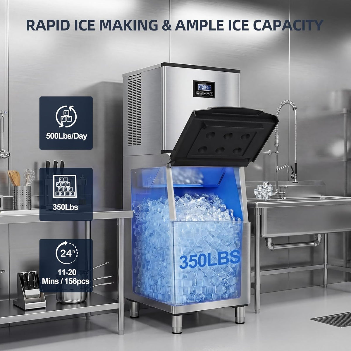 Commercial Ice Maker Machine, 500LBS/24H, 350LBS Storage