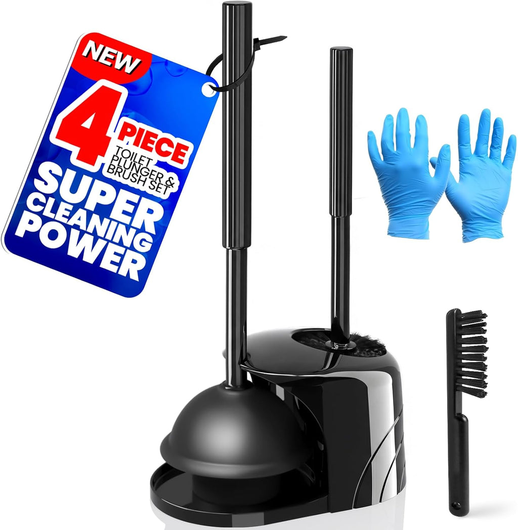 4in1 Toilet Plunger and Brush Set - Home Bathroom Cleaning Tools | 21", Groove Gap Brush, Cleaning Gloves, Heavy Duty