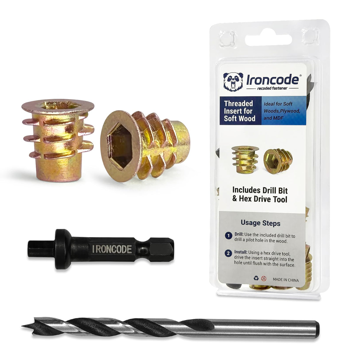 Threaded Inserts for Soft Wood, Installation Kit, Includes 10-24 x 10mm Thread Inserts (15pcs), Drill, Drive Tool