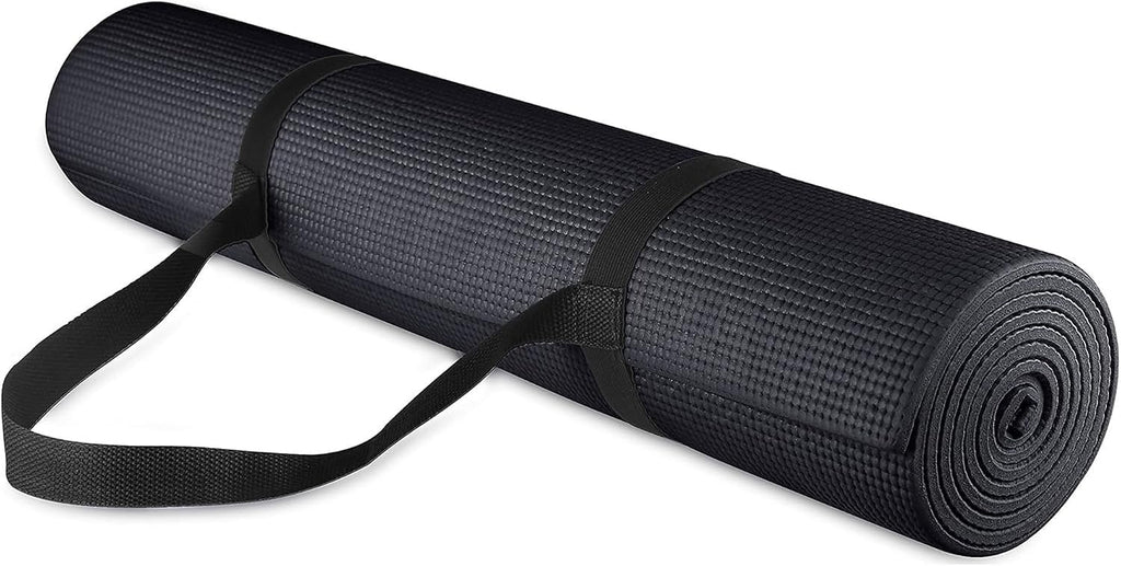 Signature Fitness All Purpose 0.25 Inch Thick High Density No Tear Exercise Yoga Mat with Strap & Lightweight