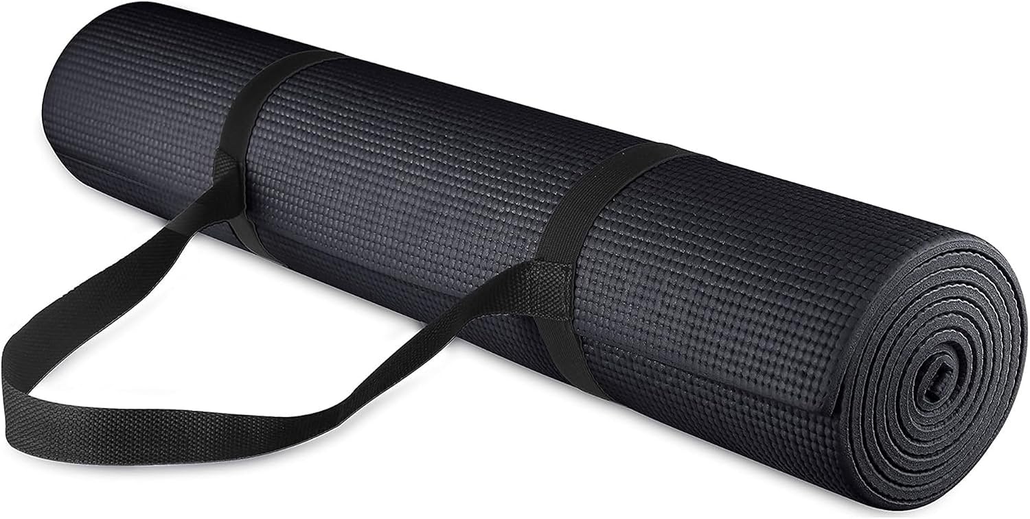 Signature Fitness All Purpose 0.25 Inch Thick High Density No Tear Exercise Yoga Mat with Strap & Lightweight