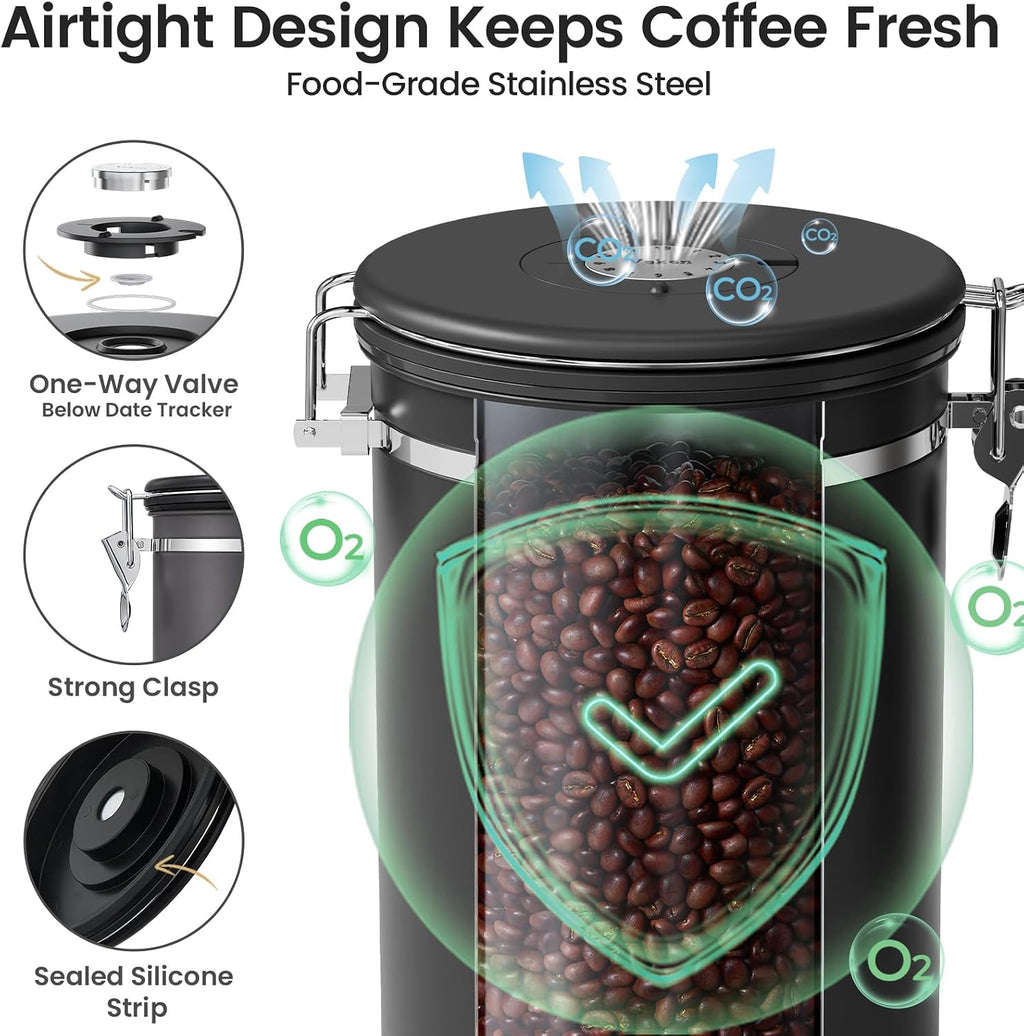 Coffee Canister with Window, 39OZ Large Airtight Stainless Steel Jars | Kitchen Food Storage Pantry Container for