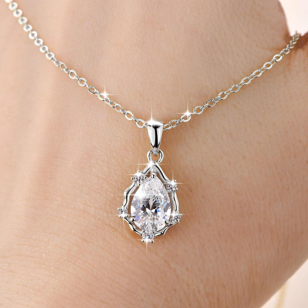Pendant Necklace for Women, 5A Cubic Zirconia Solitaire Silver Necklace for Women, CZ Vintage Teardrop Pendant 18"+2"