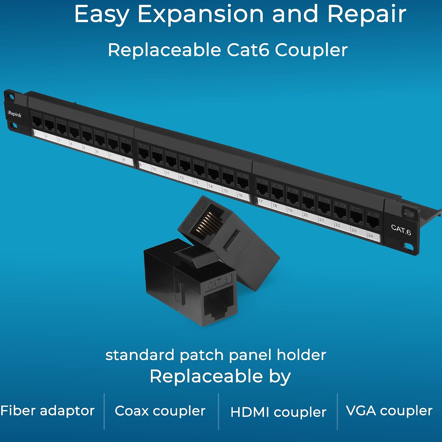 Patch Panel 24 Port Cat6 with Inline Keystone 10G Support, Pass-Thru Coupler Patch Panel UTP 19-Inch with Removable