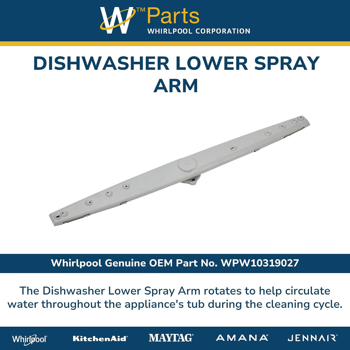 WPW10319027 Dishwasher Lower Wash Arm Replacement for Whirlpool, Kenmore, KitchenAid, Maytag - Replaces ADB1400AGW