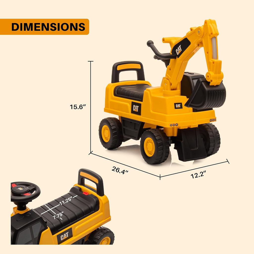 CAT Excavator Push Car – Licensed Caterpillar Ride-On Digger Toy for Kids with Rotating Bucket & Under-Seat Storage –