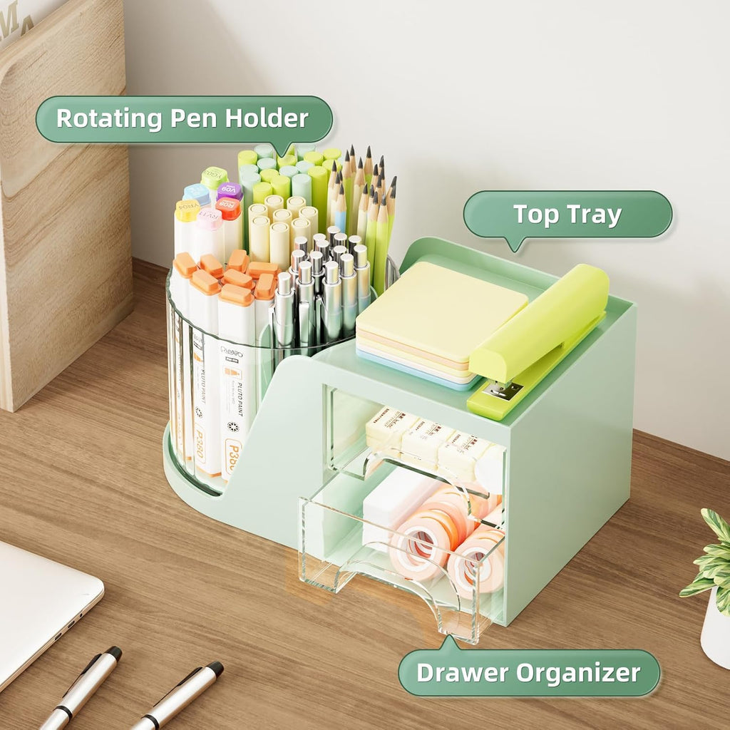 Desk Organizer with 2 Drawer, 360°Rotating Pen Holder, Desk Organizers and Accessories with 6 Slots Pencil Holder + 2
