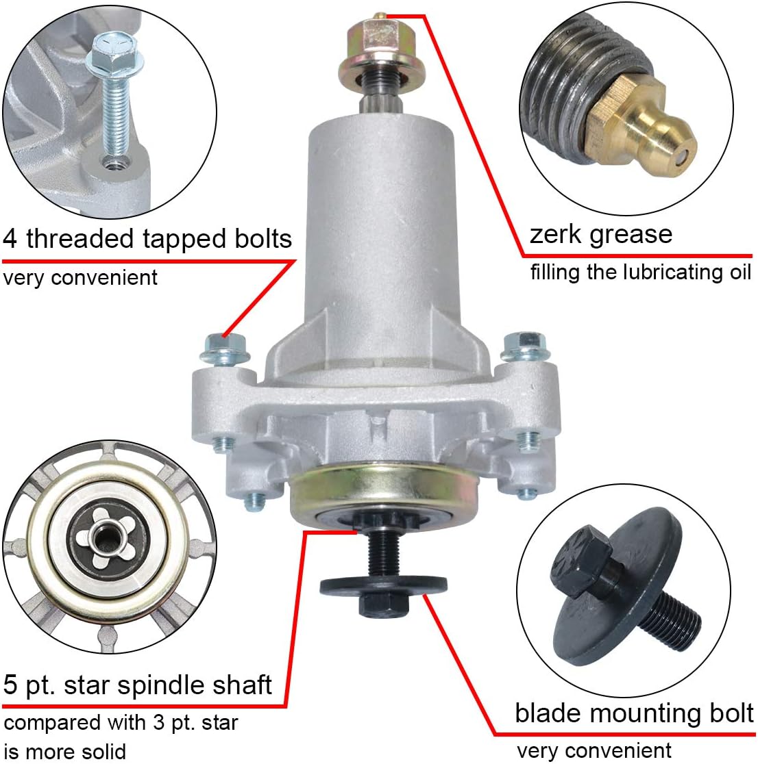 2pcs Lawn Mower Spindle Assembly for Dixon 532192870 Husqvarna 532192870 532187292 532187281 539112057 587125401 587820301 AYP 187292 Ariens 21546238 with 4 Tapped Bolts Zerk Grease
