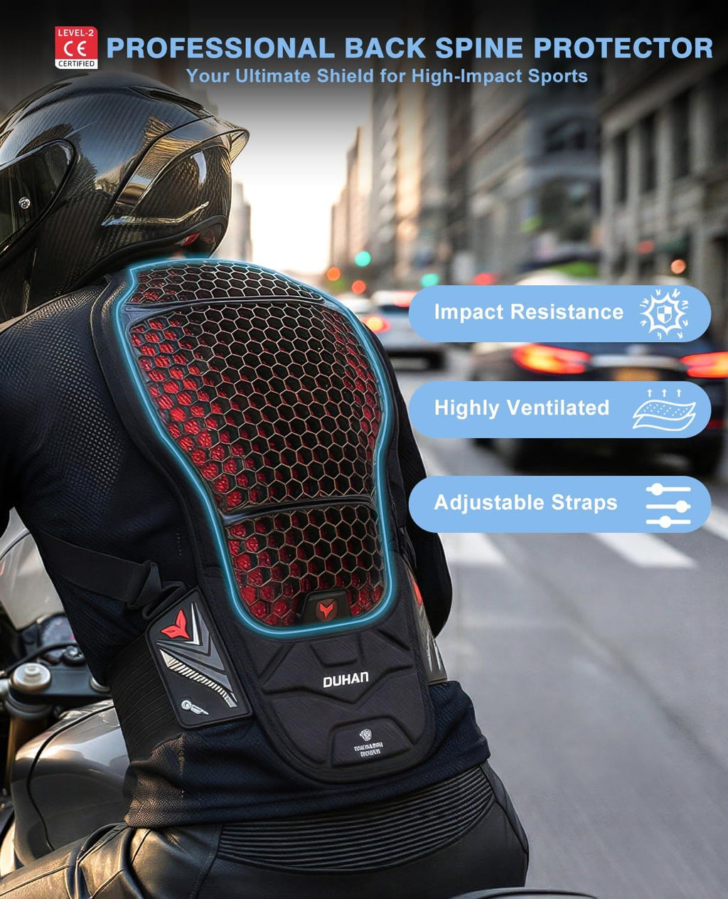 CE Level 2 Certified Motorcycle Back Protector, Lightweight Spine Armor Pad with Adjustable Straps Protective Gear