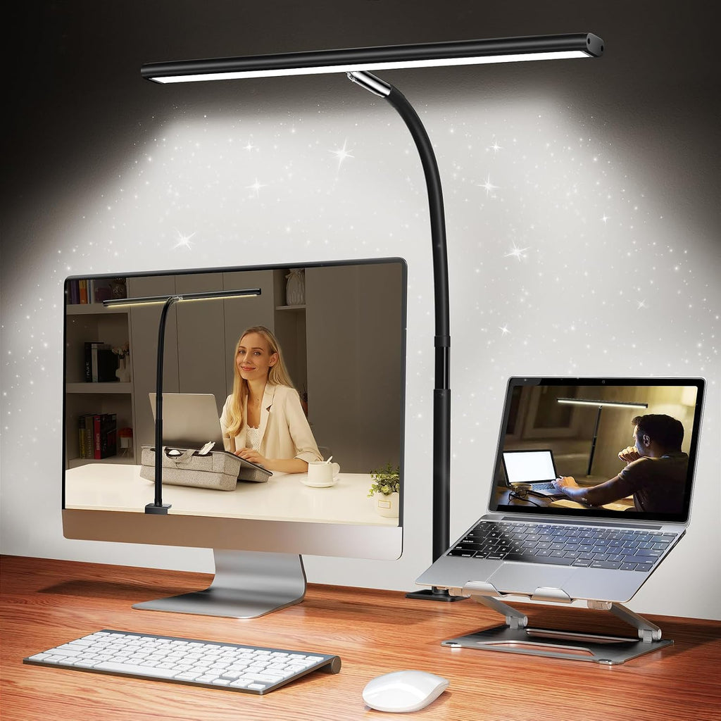 LED Desk Lamp with Clamp, 17" Stepless Dimming Light, Black | 2700K-6500K, 100 LEDs, 360° Gooseneck, Fits Up to 30"