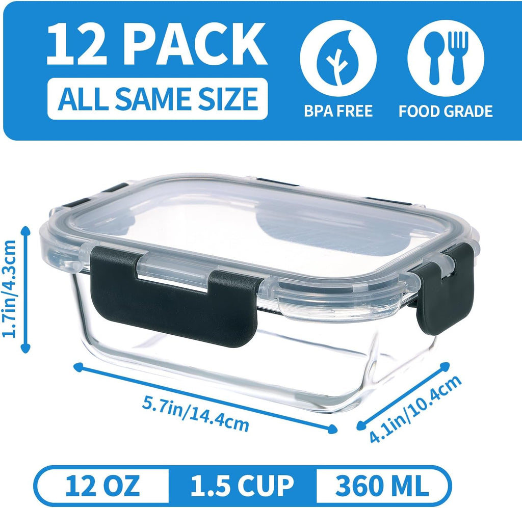 24-Piece Small Glass Food Storage Containers with Lids Airtight, 1.5 Cup Meal Prep Containers Set
