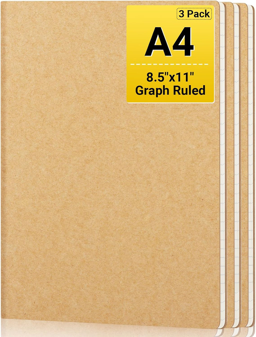 Graph Journal, 3 Packs Large A4 8.5" x 11" 40 Sheets/ 80 Pages, 100gsm Thick Paper Kraft Sketchbook Composition Diary