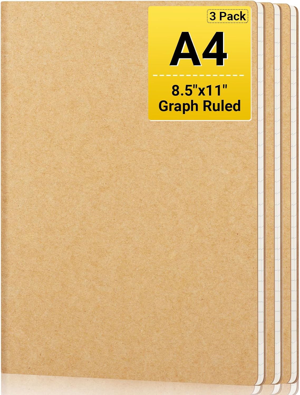 Graph Journal, 3 Packs Large A4 8.5" x 11" 40 Sheets/ 80 Pages, 100gsm Thick Paper Kraft Sketchbook Composition Diary