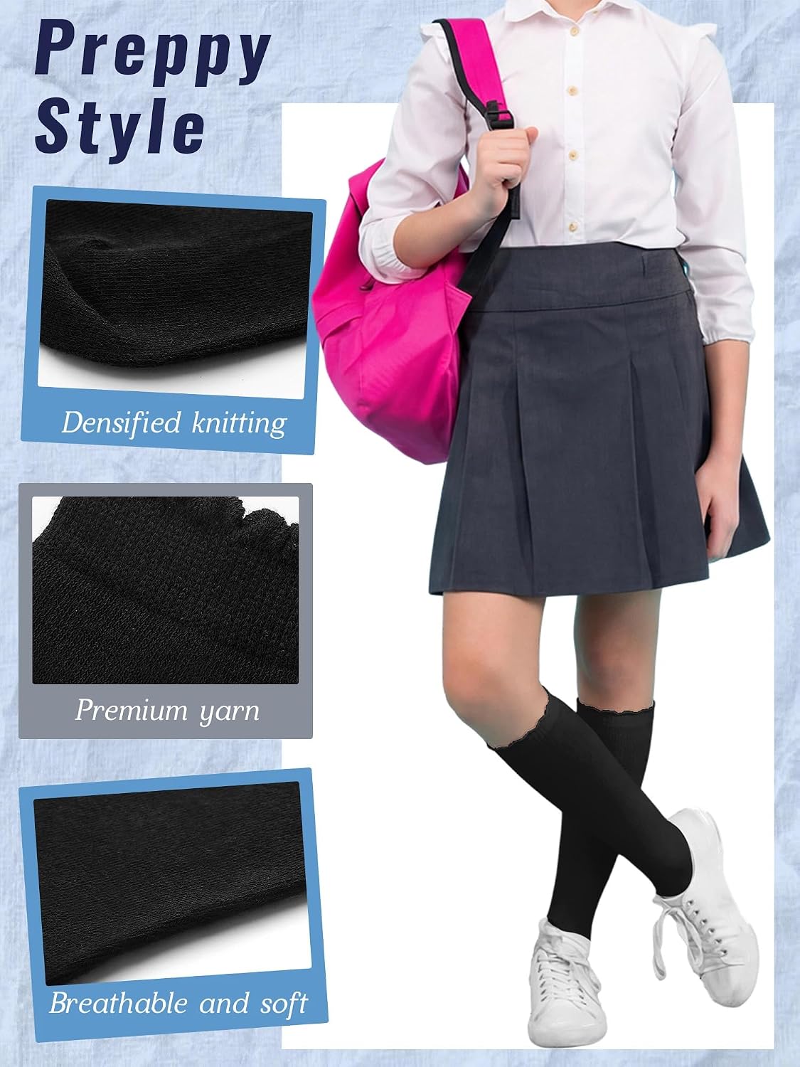 6 Pack Ruffle Knee High Socks School Uniform Dress Scallop Socks Seamless Cotton for Girls Black White Navy Blue