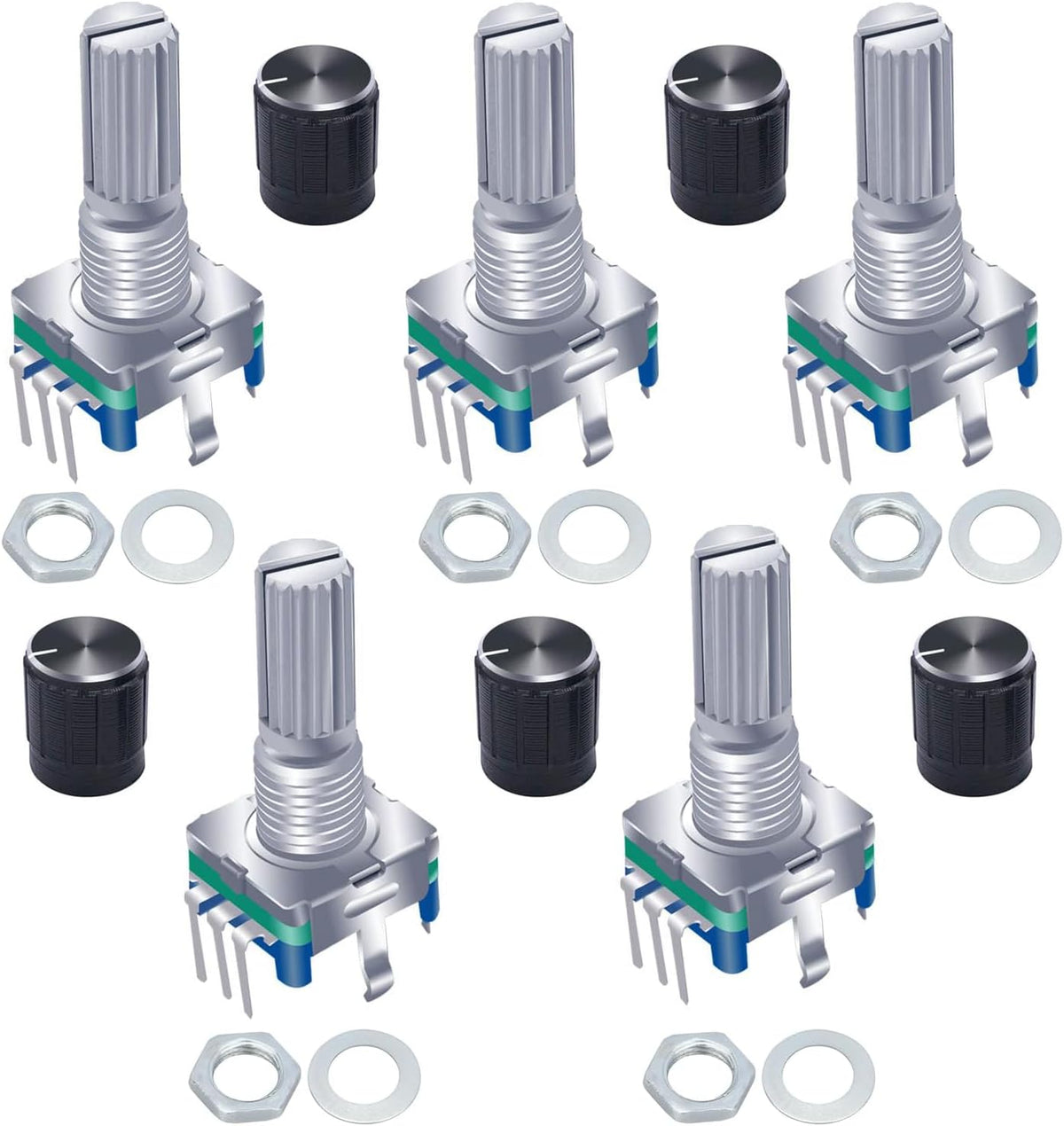 5Pcs EC11 Digital Potentiometer Rotary Encoder with Push Button 360° 5 Pins and Knob Cap with Switch 5 Pin Handle Length 20mm，for Arduino, Raspberry Pi, ESP32 Electronics Projects