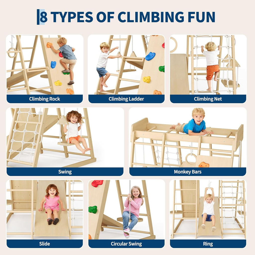 8-in-1 Indoor Playground Jungle Gym Kids Climbing Toys, Wooden Climber Playset with Slide, Swing, Monkey Bars & Climb
