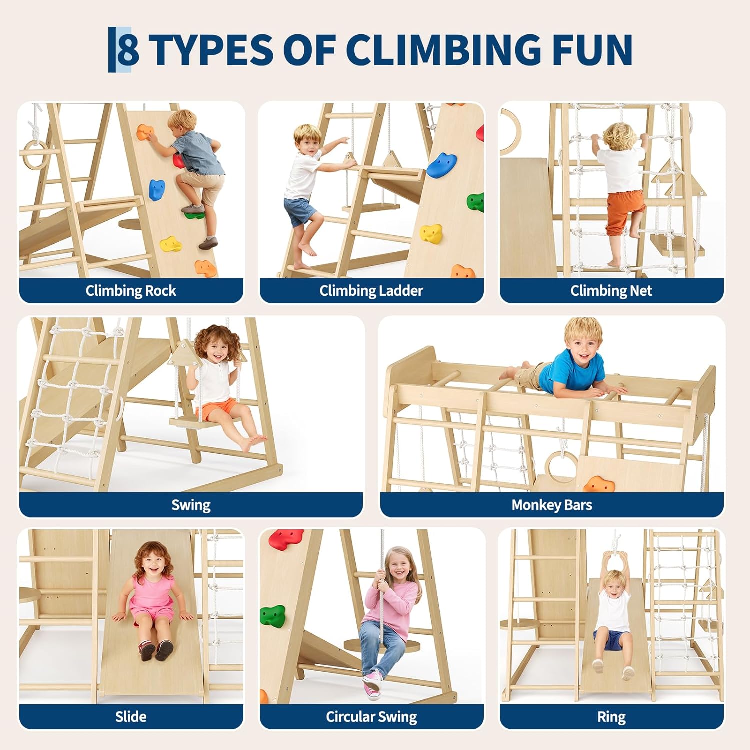 8-in-1 Indoor Playground Jungle Gym Kids Climbing Toys, Wooden Climber Playset with Slide, Swing, Monkey Bars & Climb