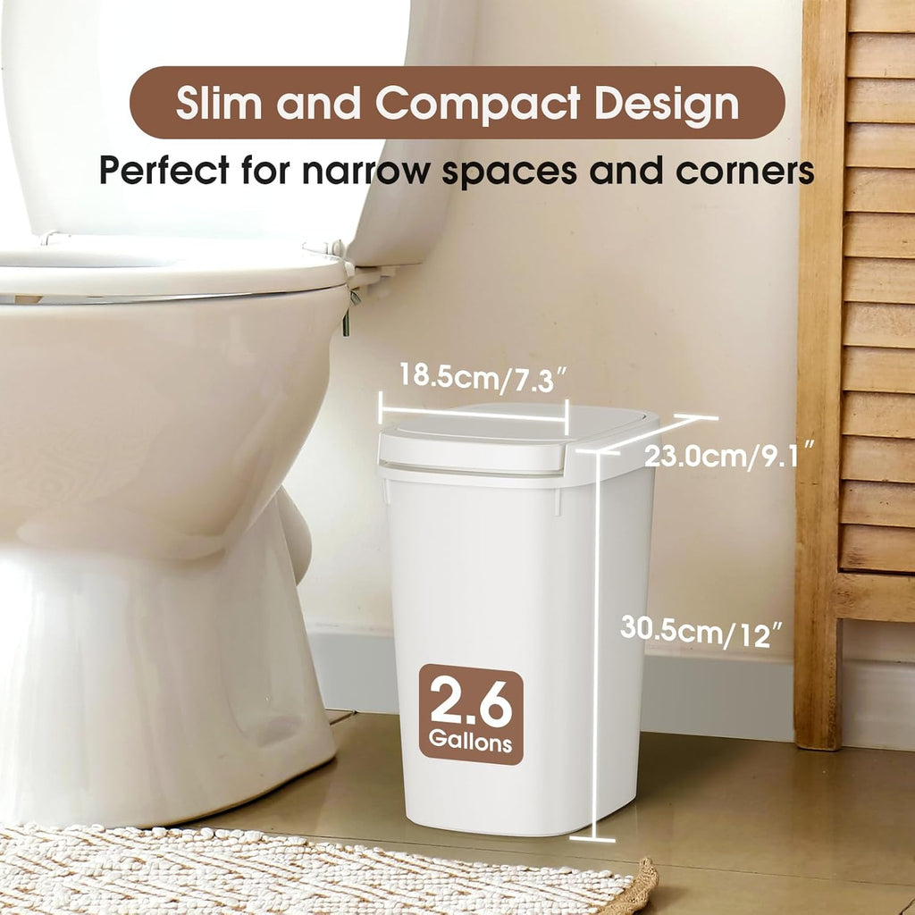 3 Pack Bathroom Trash Can with Lid, 10L/2.6 Gal Small Garbage Can with Press Top Lid, Slim Plastic Waste Basket for