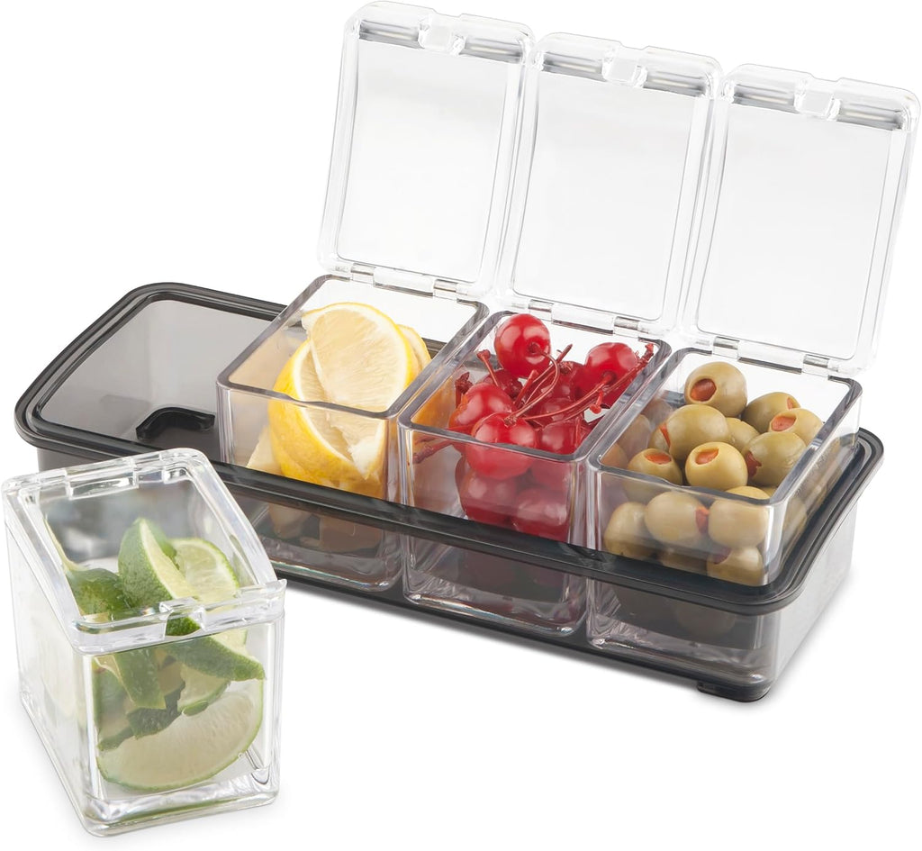 Cocktail Garnish Bar Tray for Bartenders, 4 Containers with Lid