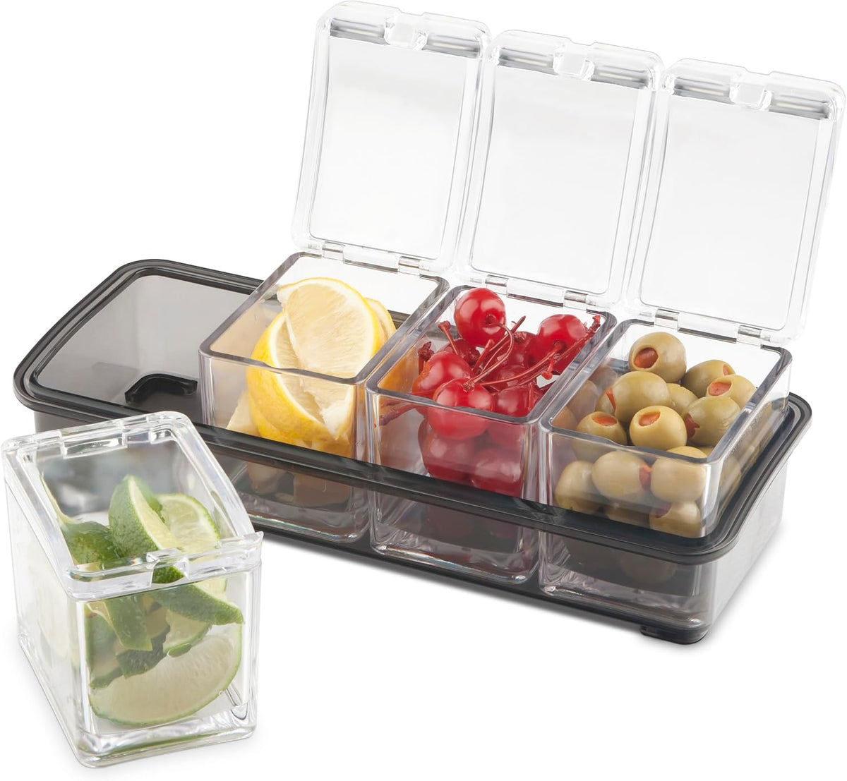 Cocktail Garnish Bar Tray for Bartenders, 4 Containers with Lid