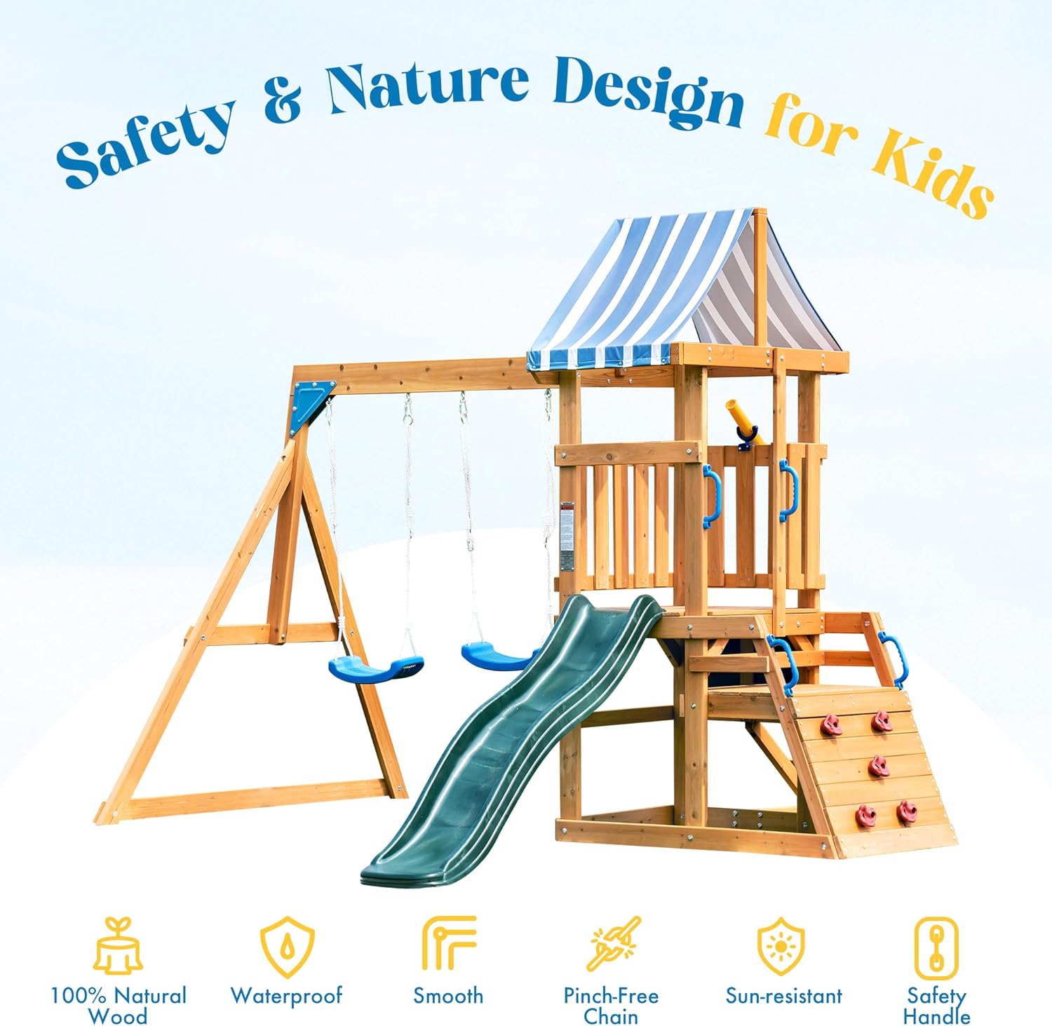 Swing Sets for Backyard, Wooden Swing Set, All-in-One Kids Outdoor Play Equipment with Two Swings, Slide, Rock