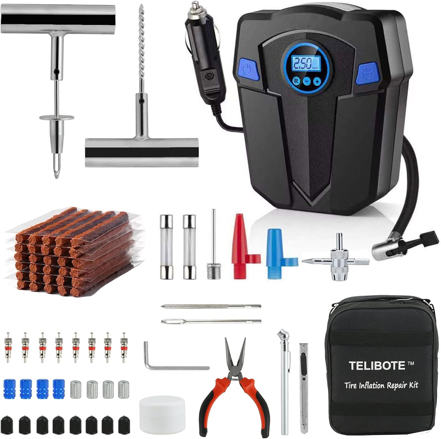 Tire Repair Kit, Tire Inflator Portable Air Compressor, Heavy Duty Flat Tire Repair Kit With 12V Air Pump For SVU