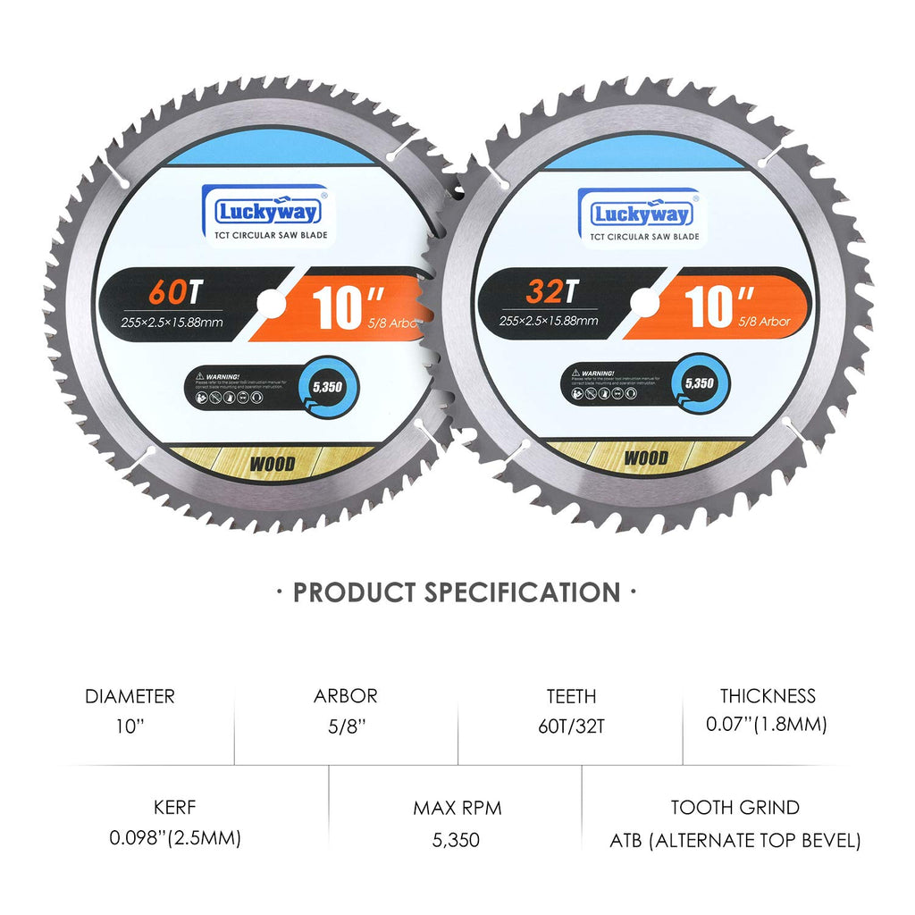 10 Inch Table Saw Blade/Miter Saw Blade for Ultra-Nice Wood Cutting in Construction, Two Pack of 60-Tooth & 32-Tooth