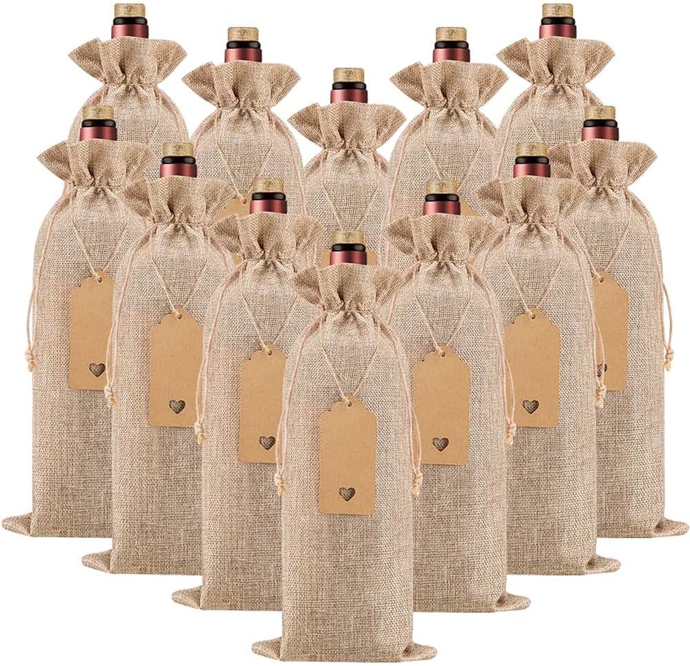 12Pcs Premium Burlap Wine Bags and 12Pcs Gift Tags, Reusable Wine Gift Bags with Drawstrings, Wine Bottle Bags, Wine