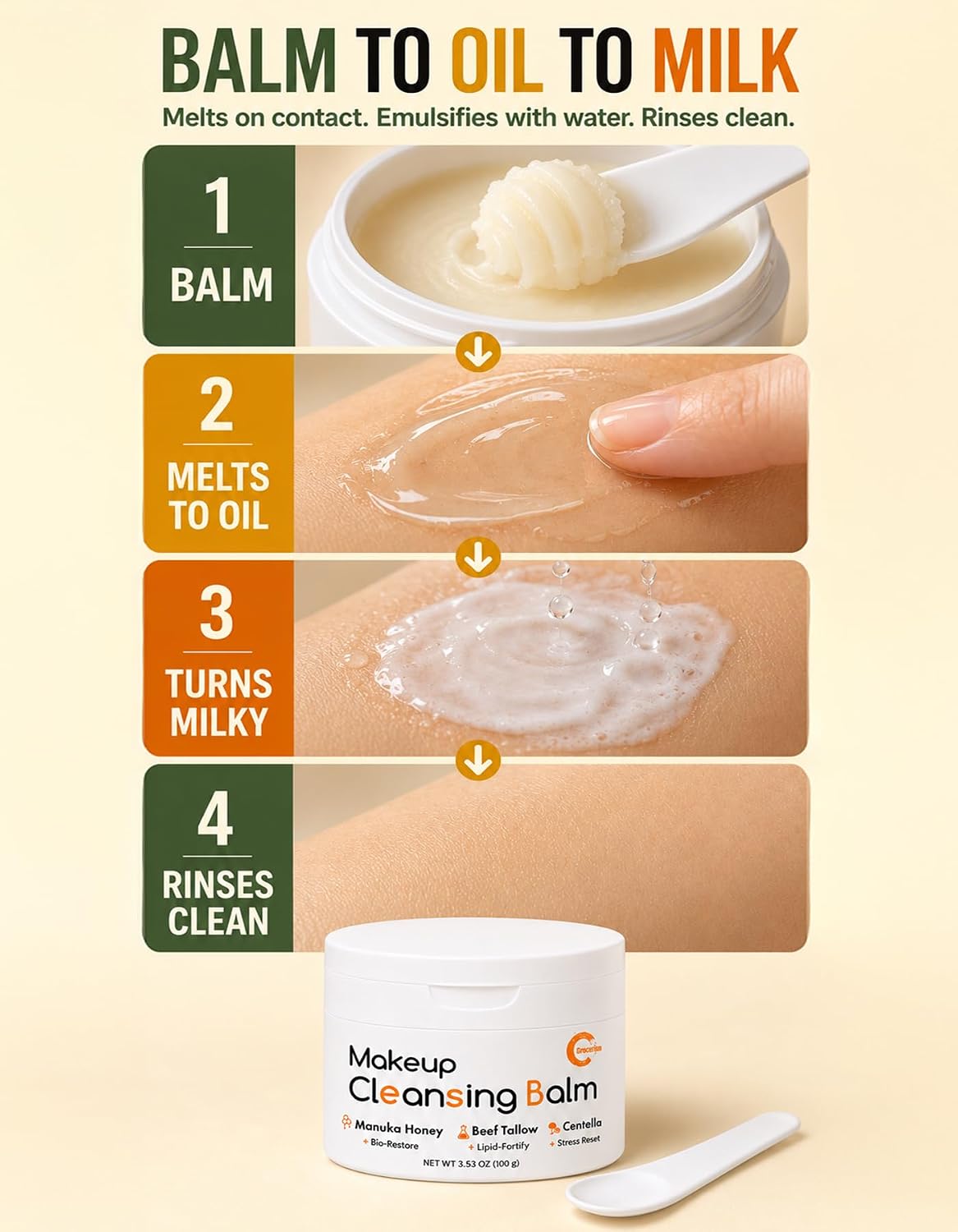 Makeup Remover Cleansing Balm with Manuka Honey & Tallow, 3.53 oz