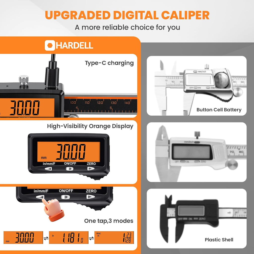HARDELL Digital Caliper 12" USB-C Charging – Orange Display, Non-Backlit