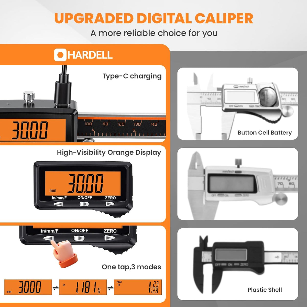 HARDELL Digital Caliper 12" USB-C Charging – Orange Display, Non-Backlit