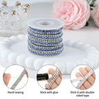 3 Yards 3 Rows Rhinestone Trim, Crystal Close Chain for Wedding,Light Blue