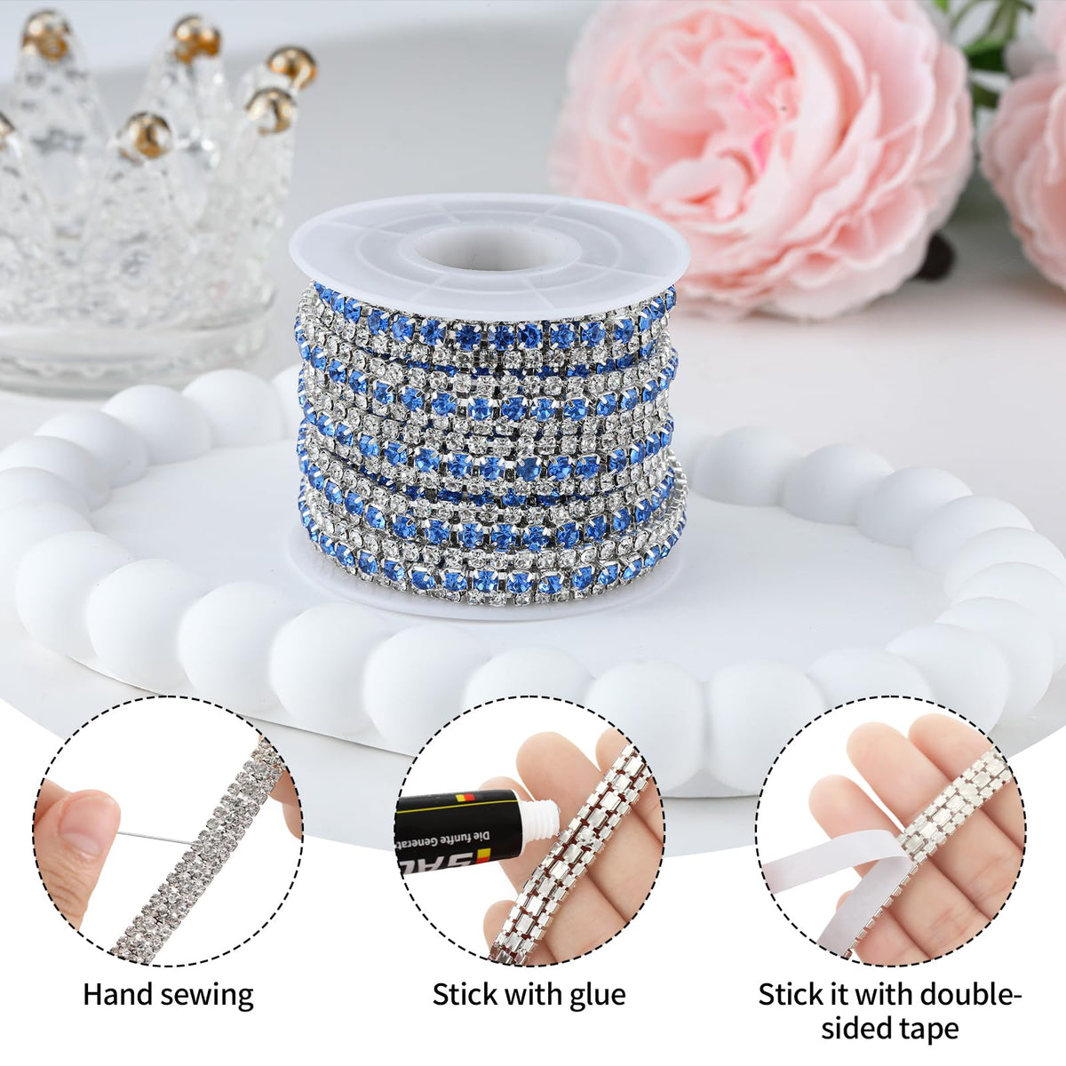 3 Yards 3 Rows Rhinestone Trim, Crystal Close Chain for Wedding,Light Blue
