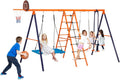 6-in-1 Outdoor Swing Set for Kids, Heavy Duty Metal Playset with Adjustable Swings, Climbing Ladder, Rope Net, Swing