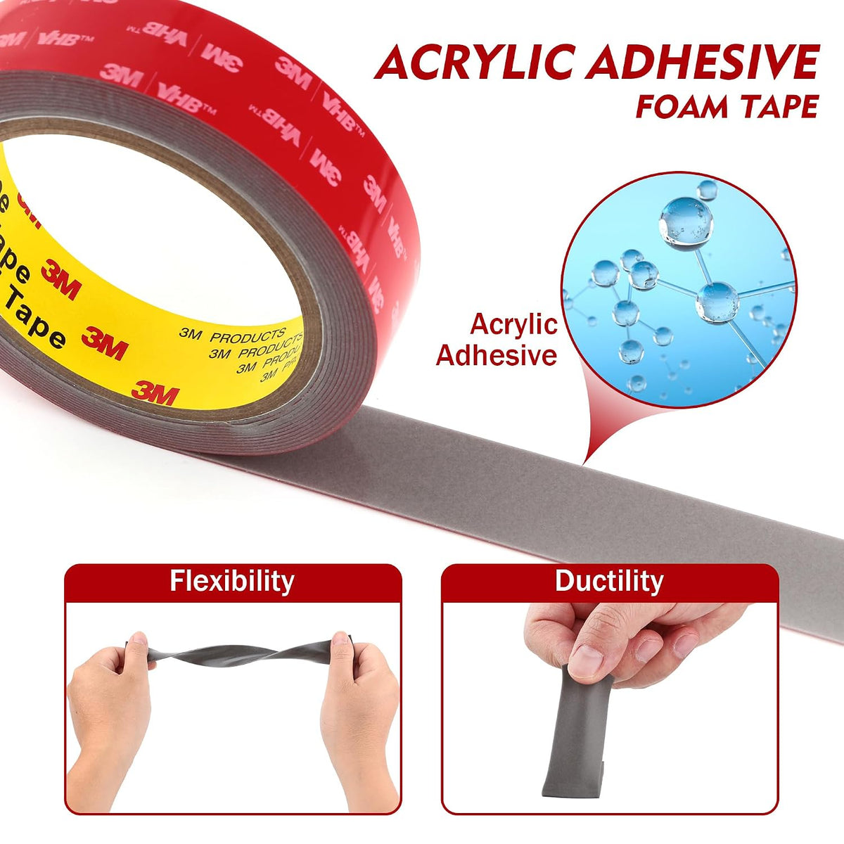 3M Double Sided Tape 1" x 15.4Ft Heavy Duty Mounting Tape Grey