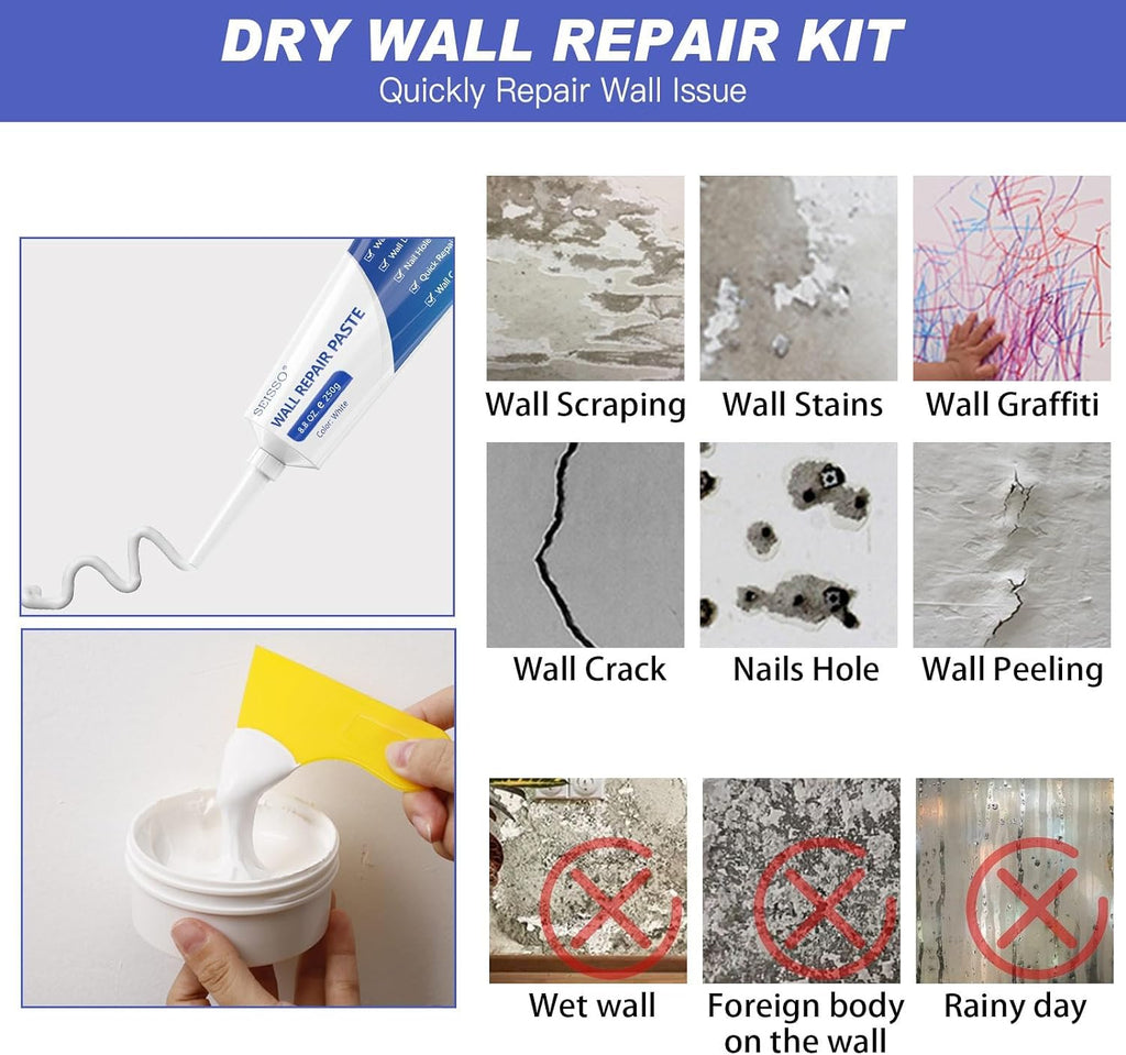 Drywall Repair Kit, White- Wall Mending Agent 250 g* 2, Wall Repair Paste Plaster, 1 Pack Wall Putty, Repair Tape and