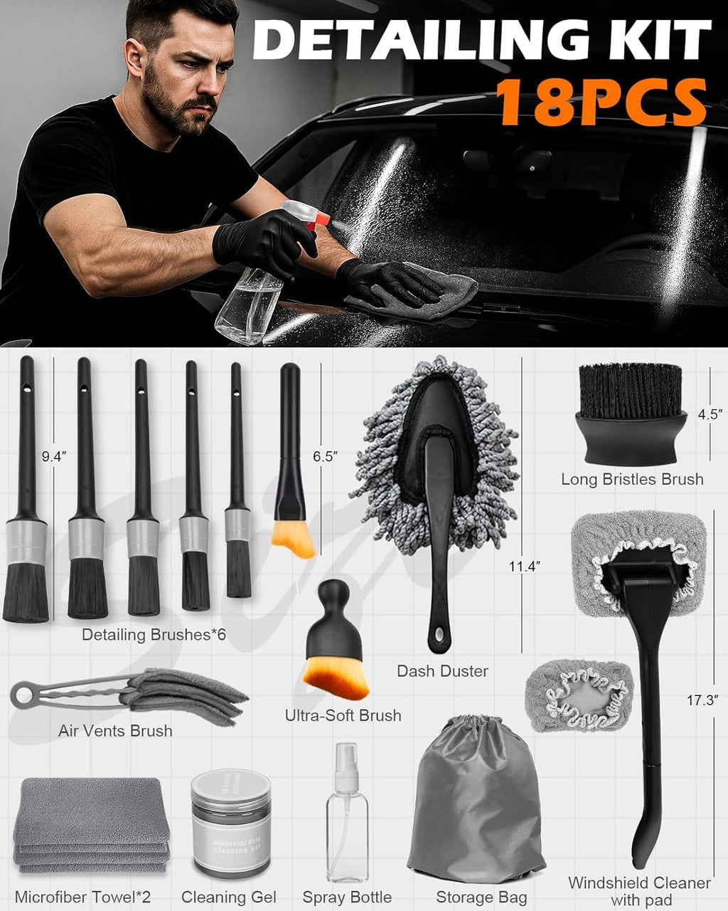 Windshield Cleaner Tool, 18Pcs Car Interior Detailing Brush Set, Inside Windshield Cleaning Kit with 200g Cleaning