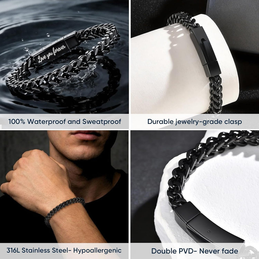 Black Chain Bracelets for Men : Stainless Steel Franco Chains Love you Forever Engraved Link Men's Bracelet to Son