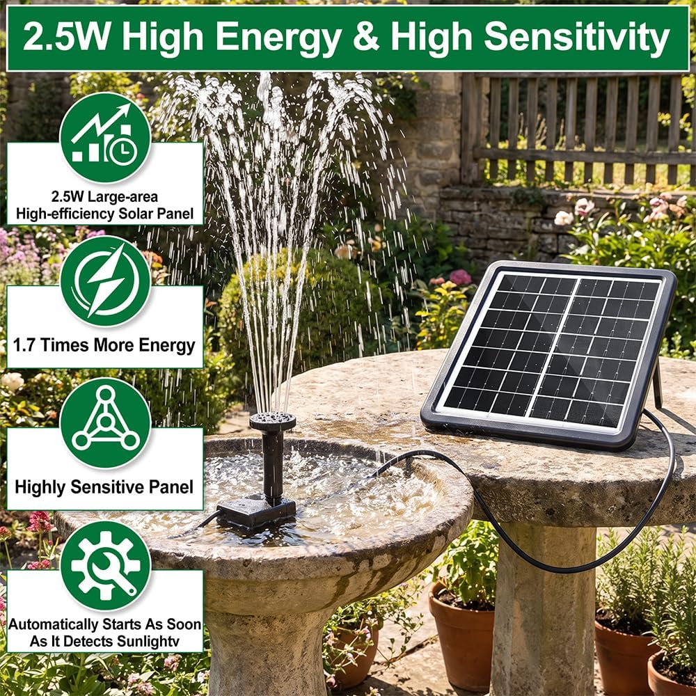 2.5W Solar Water Pump Kit Protective Shell Solar Panel Solar Fountain Pump 5 Nozzles for Outdoor Water Features Bird