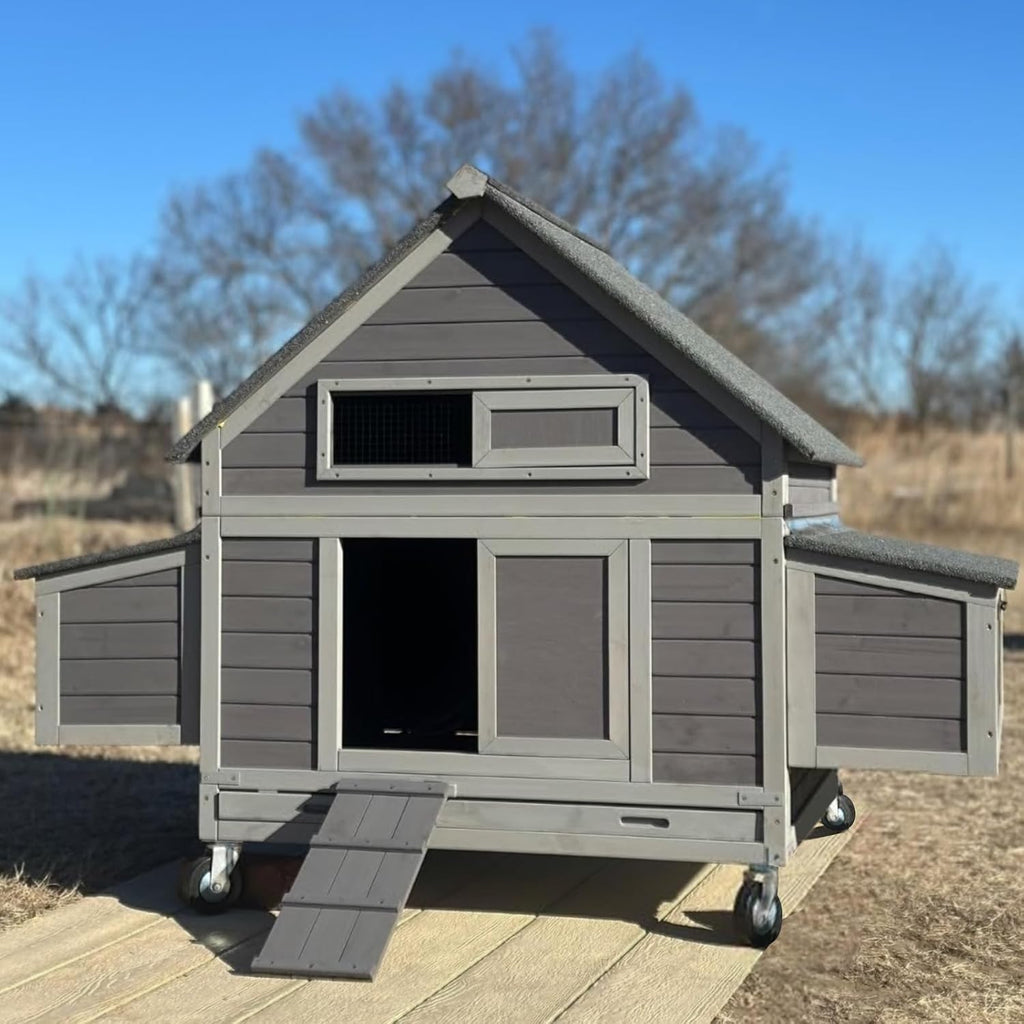 Large Chicken Coop on Wheels Mobile Wooden Hen House Weatherproof Duck Poultry Cage 67.3" L for 6-8 Chickens with 6