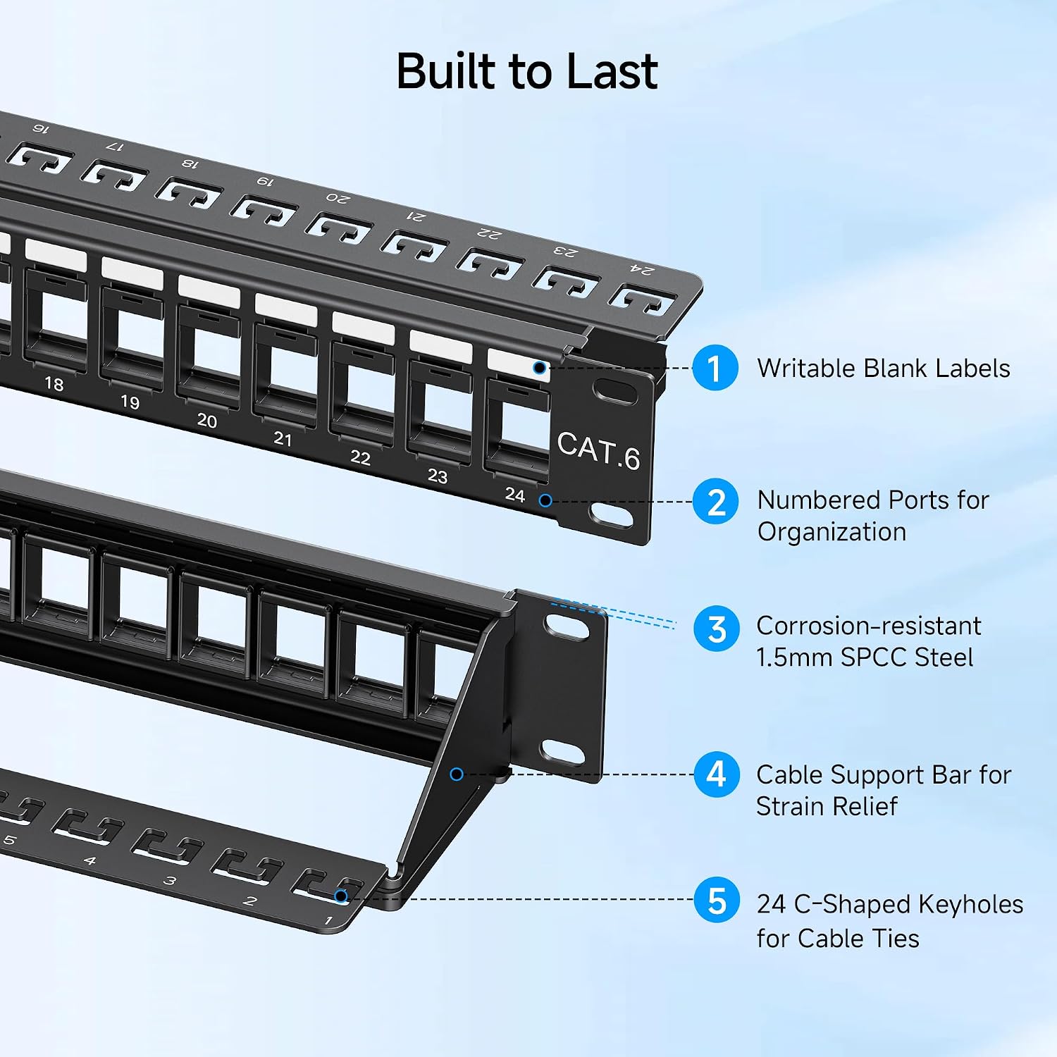 1U 24 Port Keystone Patch Panel with Cable Management | With Support Bar, Rackmount or Wall Mount, 19-Inch Black