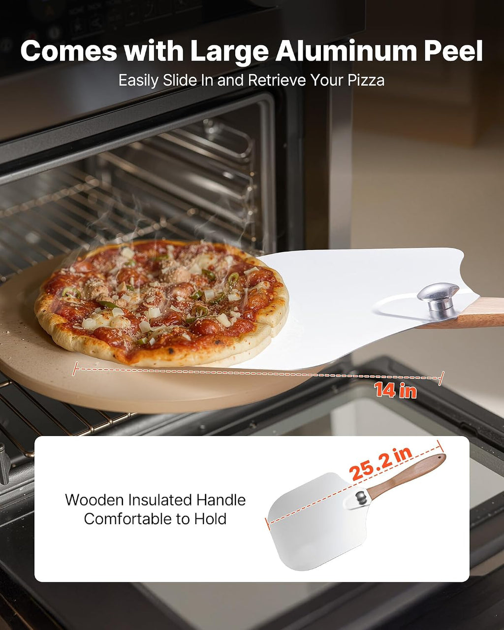 Pizza Stone, 15 in Round Pizza Stone, 0.67 in Large Cordierite Baking-Stone with Metal Peel, Scrape, 1450℉