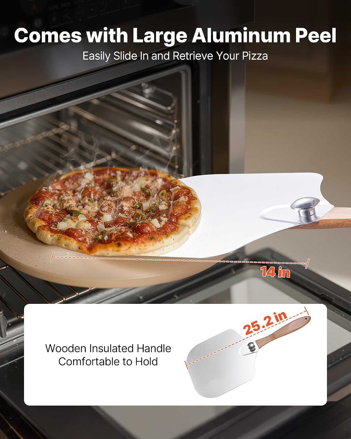 Pizza Stone, 15 in Round Pizza Stone, 0.67 in Large Cordierite Baking-Stone with Metal Peel, Scrape, 1450℉