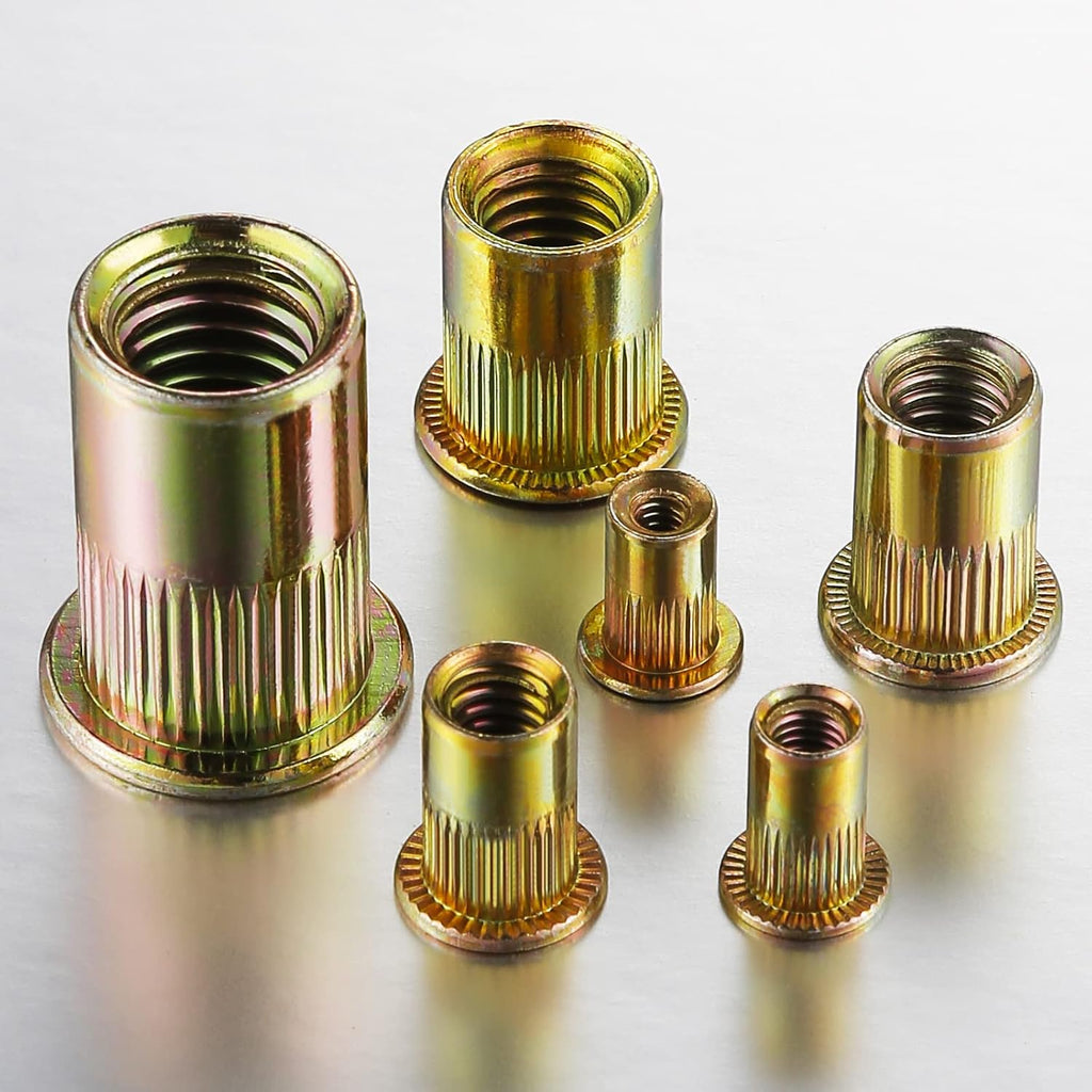 Wensilon Rivet Nut 10-32UNC 200Pcs Yellow Zinc Plated Finish Flat Head Rivnut Threaded Insert Nut Knurled Body